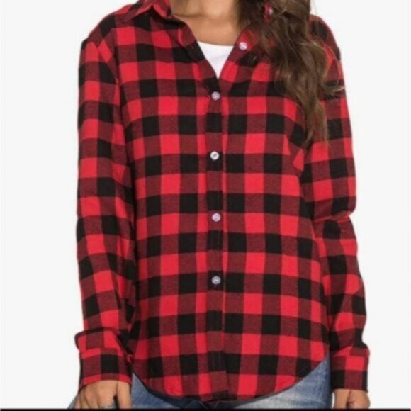 Aerie Soft Red + Black Plaid Cotton Shirt- S - Picture 5 of 16